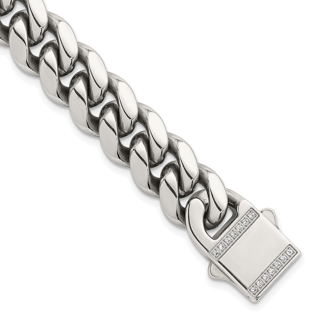 Polished Cubic Zirconia Stainless Steel Curb Chain Bracelet 12mm