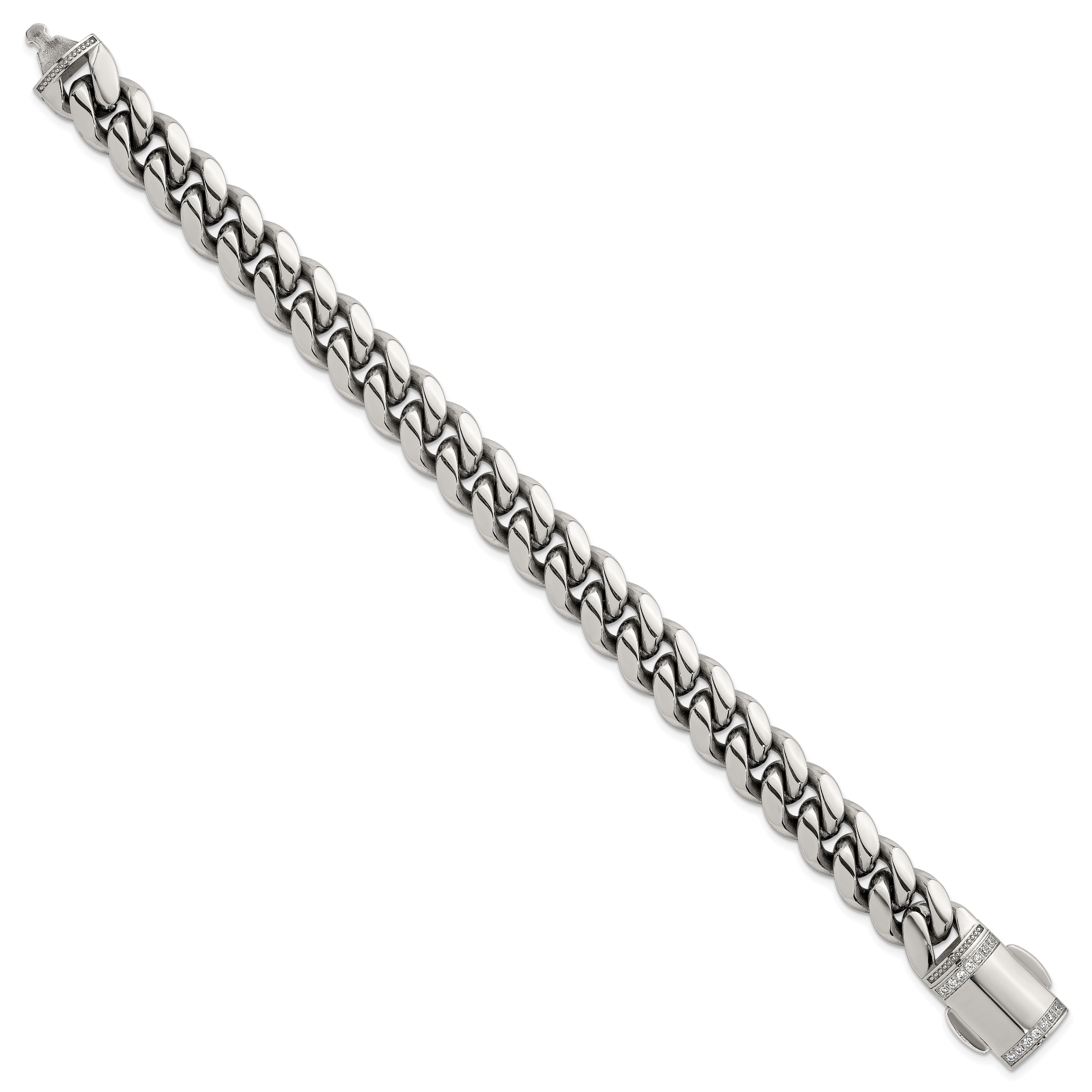 Polished Cubic Zirconia Stainless Steel Curb Chain Bracelet 12mm 8.25in Secondary image