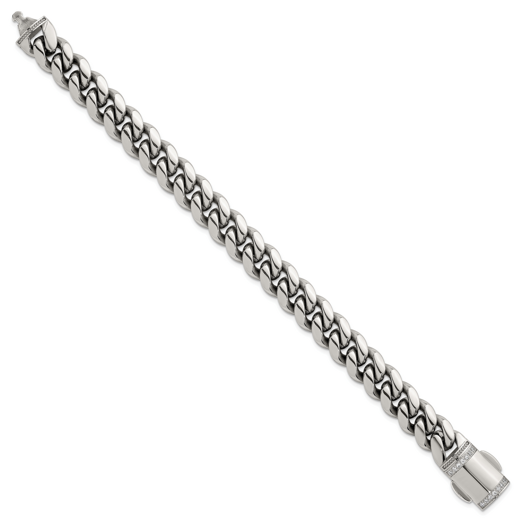 Polished Cubic Zirconia Stainless Steel Curb Chain Bracelet 12mm 8.25in
