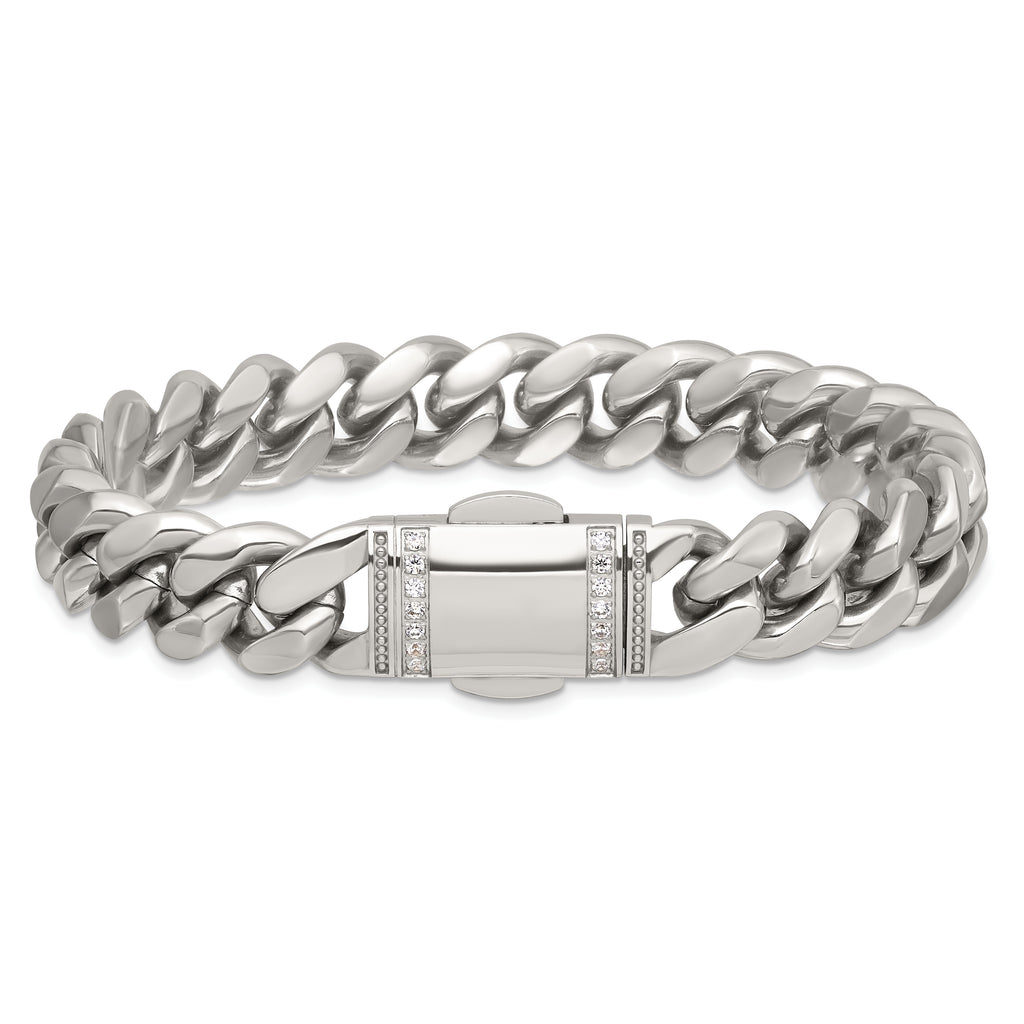 Polished Cubic Zirconia Stainless Steel Curb Chain Bracelet 12mm 8.25in