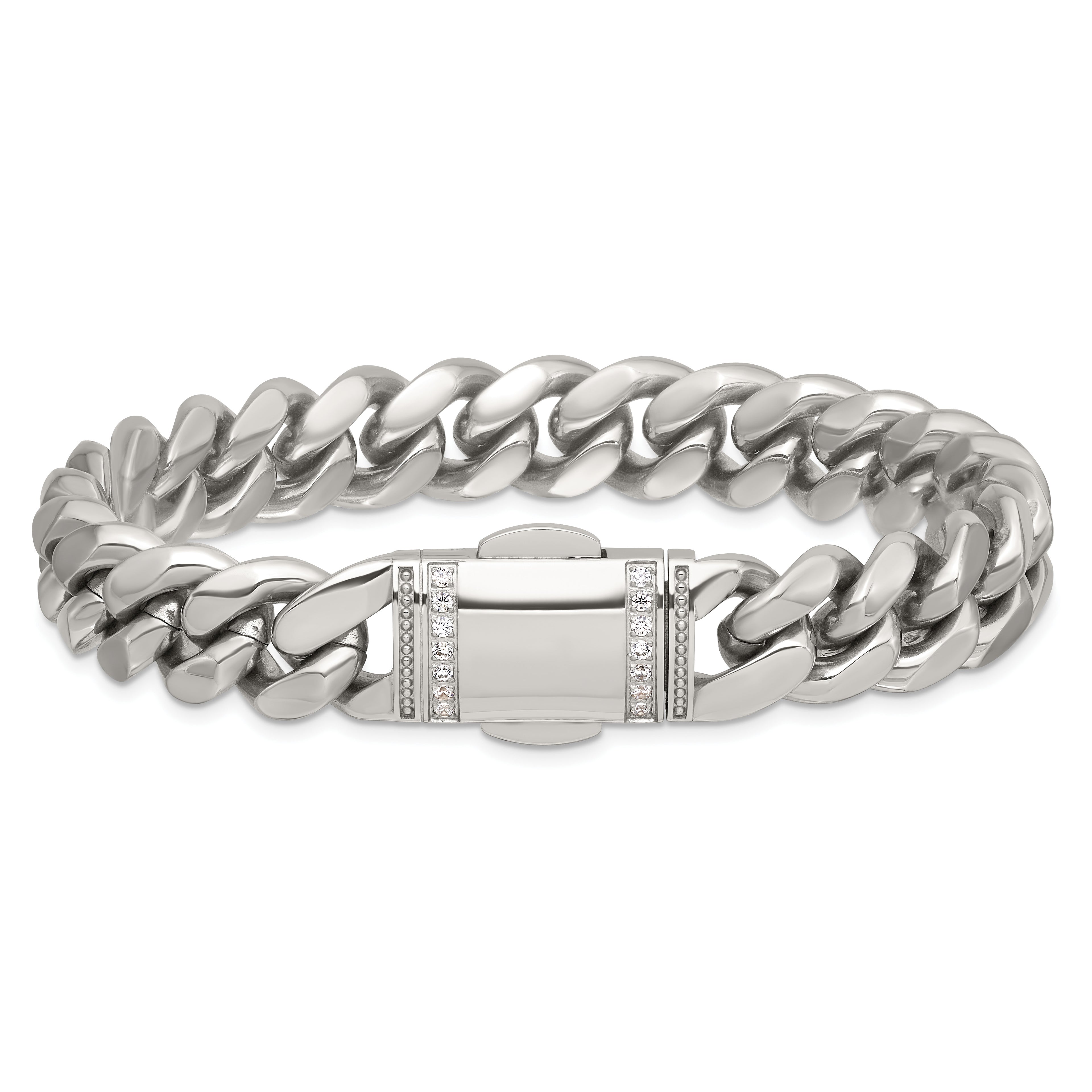Polished Cubic Zirconia Stainless Steel Curb Chain Bracelet 12mm 8.25in
