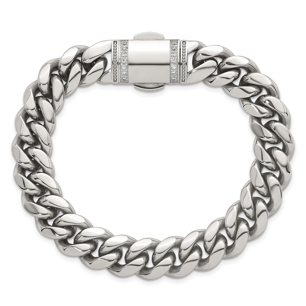 Polished Cubic Zirconia Stainless Steel Curb Chain Bracelet 12mm 8.25in