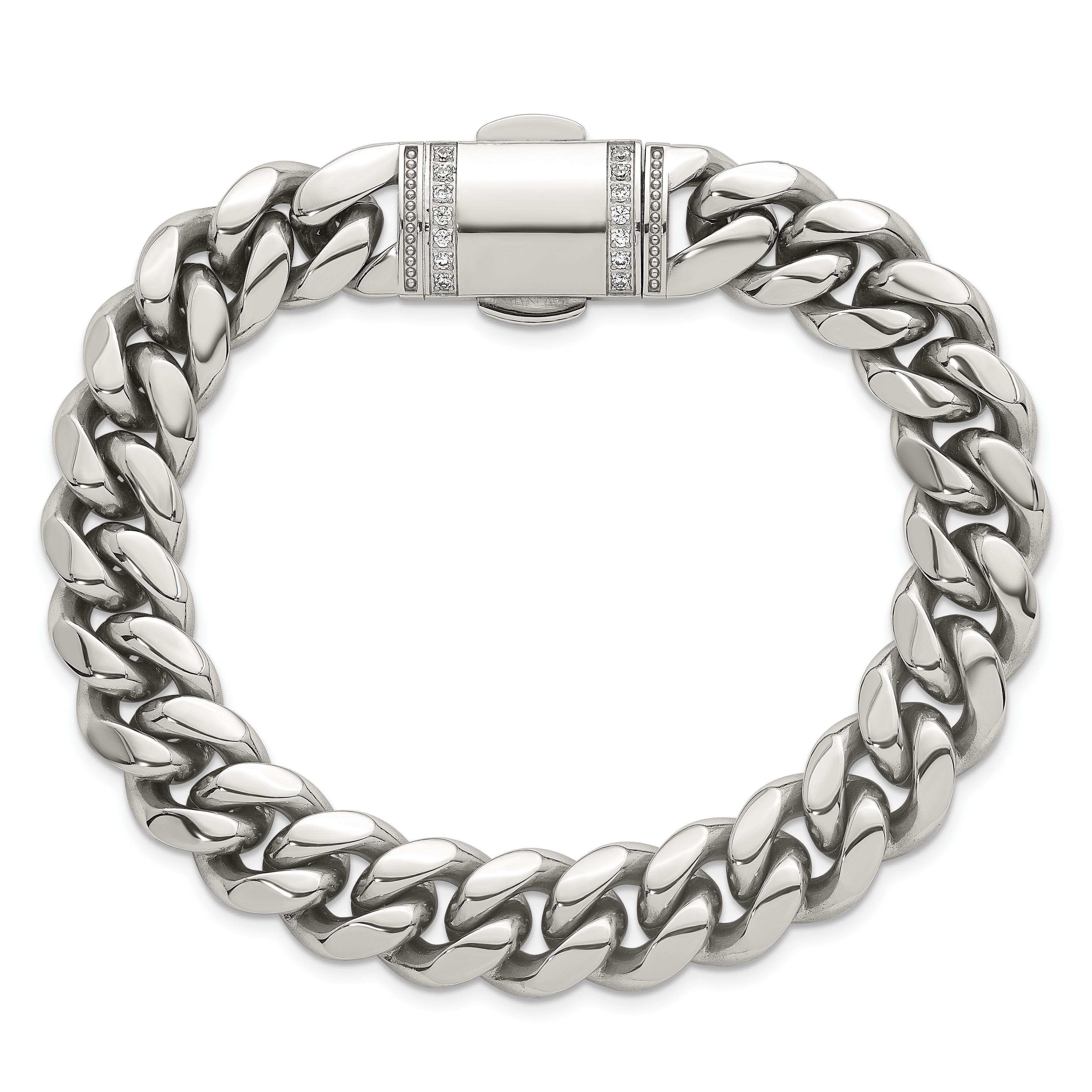 Polished Cubic Zirconia Stainless Steel Curb Chain Bracelet 12mm 8.25in