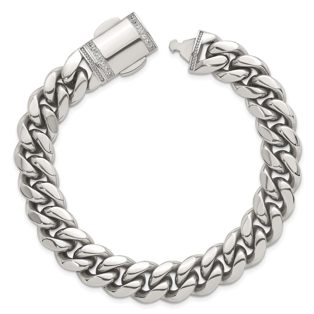 Polished Cubic Zirconia Stainless Steel Curb Chain Bracelet 12mm 8.25in