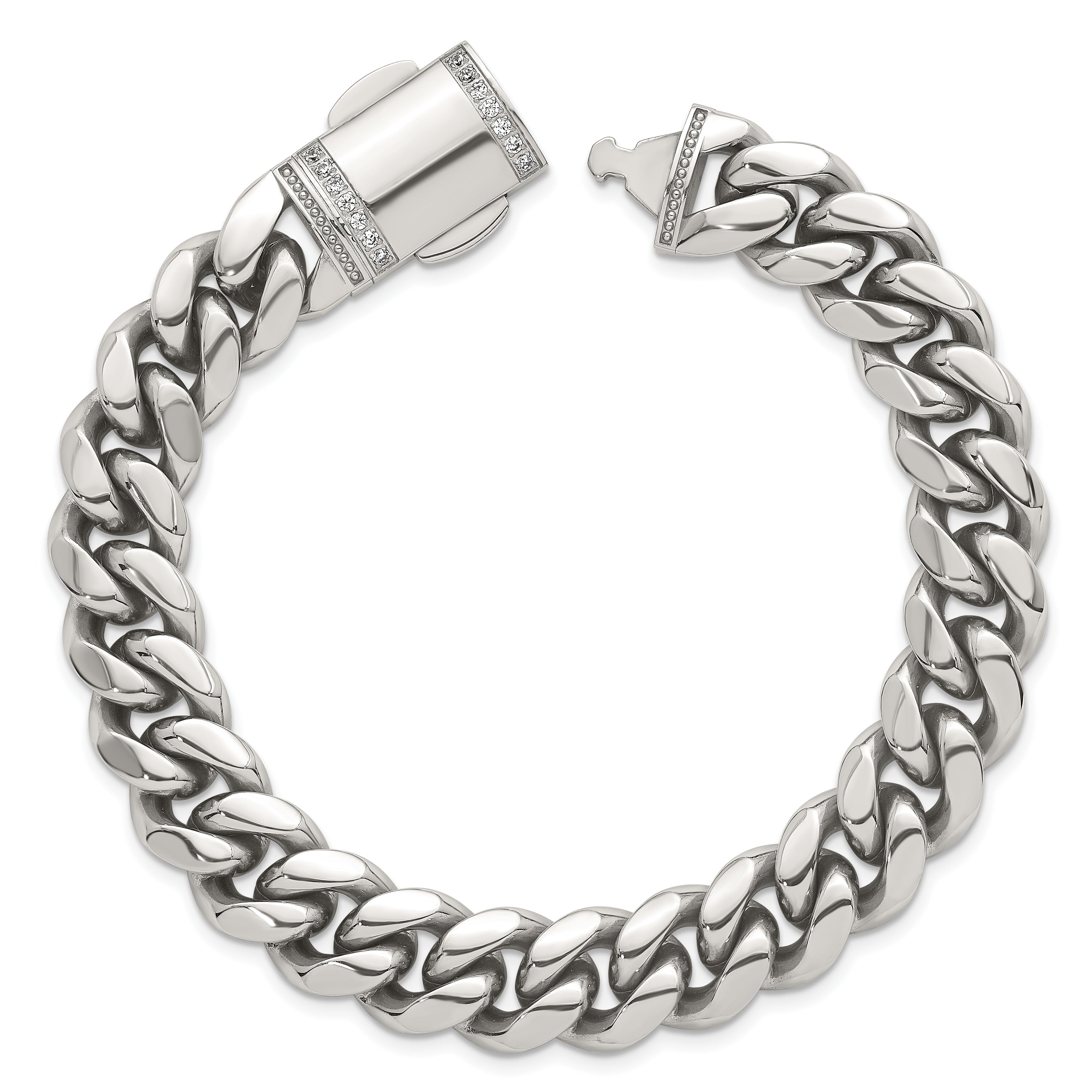 Polished Cubic Zirconia Stainless Steel Curb Chain Bracelet 12mm 8.25in