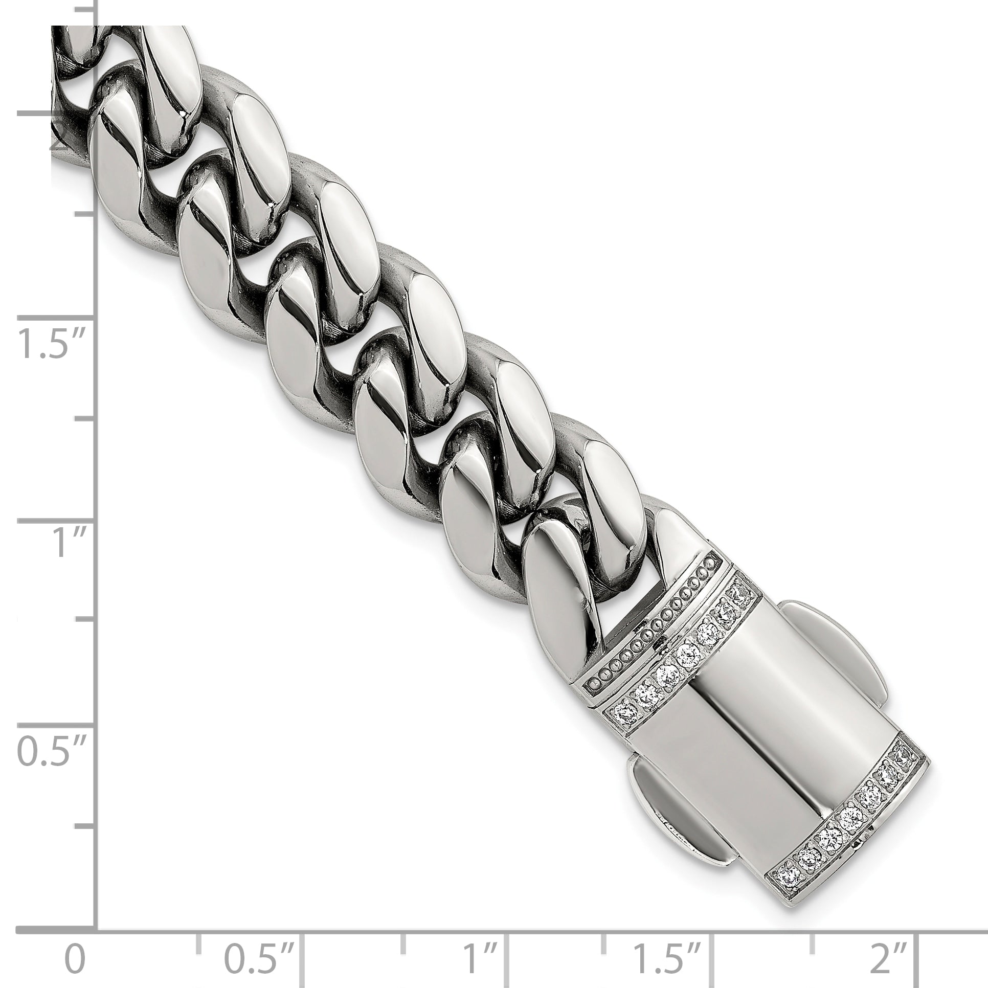 Polished Cubic Zirconia Stainless Steel Curb Chain Bracelet 12mm 8.25in