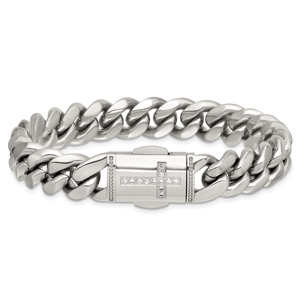 Polished Cubic Zirconia Cross Stainless Steel Curb Chain Bracelet 12mm