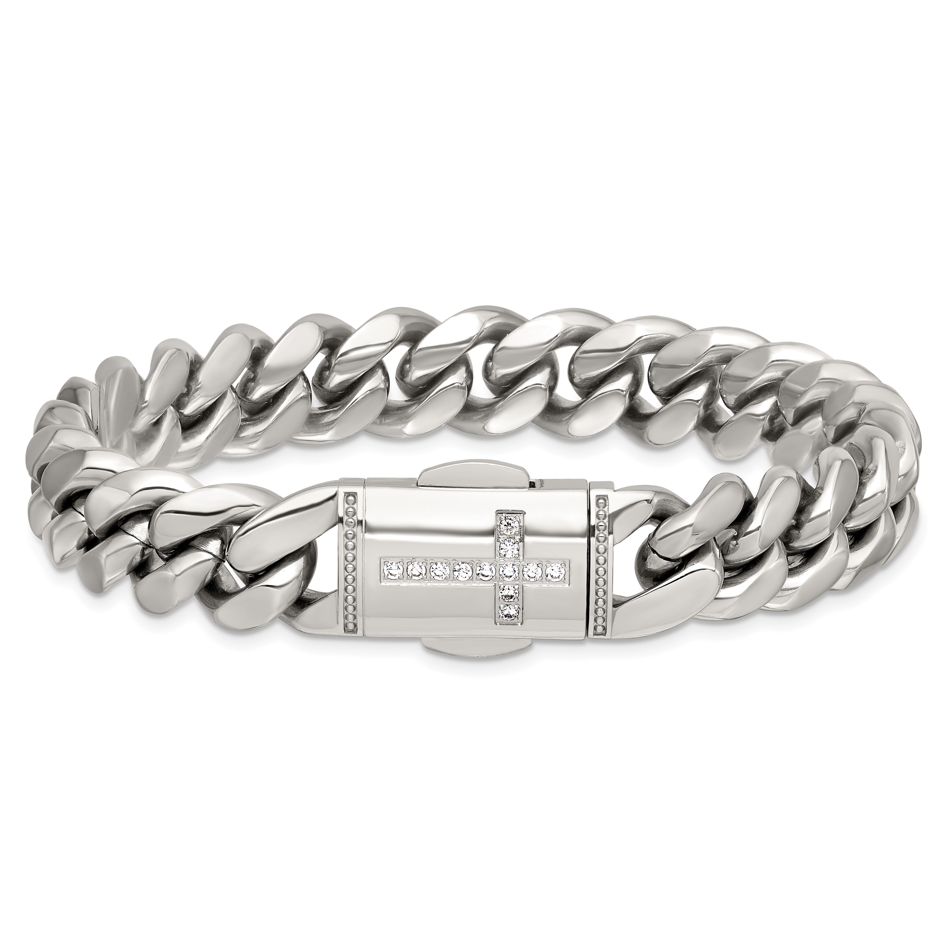 Polished Cubic Zirconia Cross Stainless Steel Curb Chain Bracelet 12mm