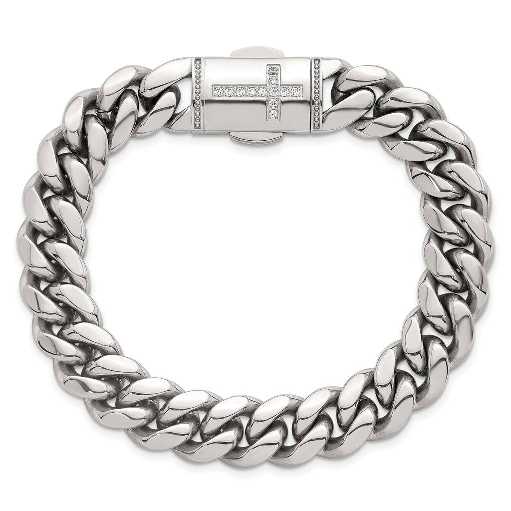 Polished Cubic Zirconia Cross Stainless Steel Curb Chain Bracelet 12mm