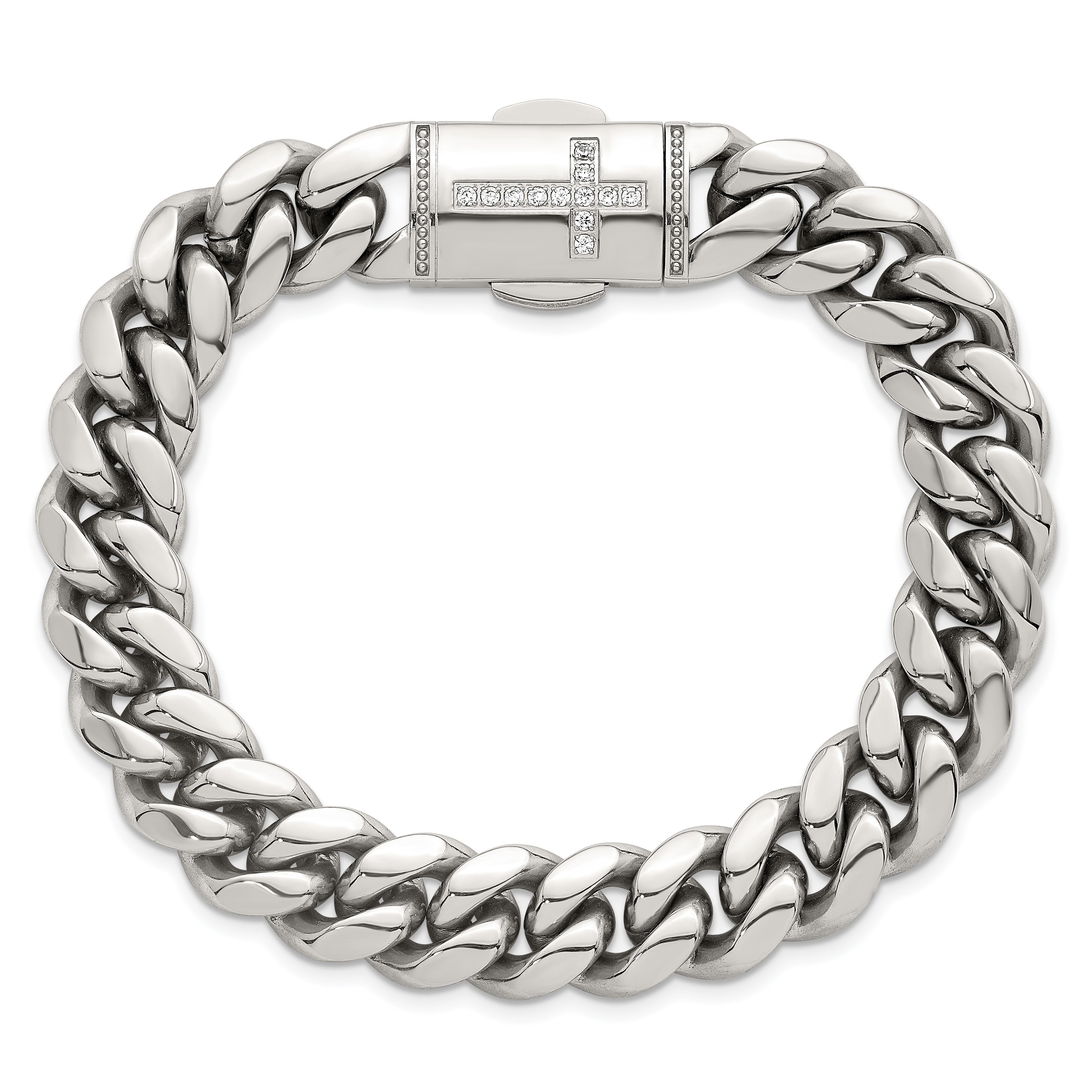 Polished Cubic Zirconia Cross Stainless Steel Curb Chain Bracelet 12mm
