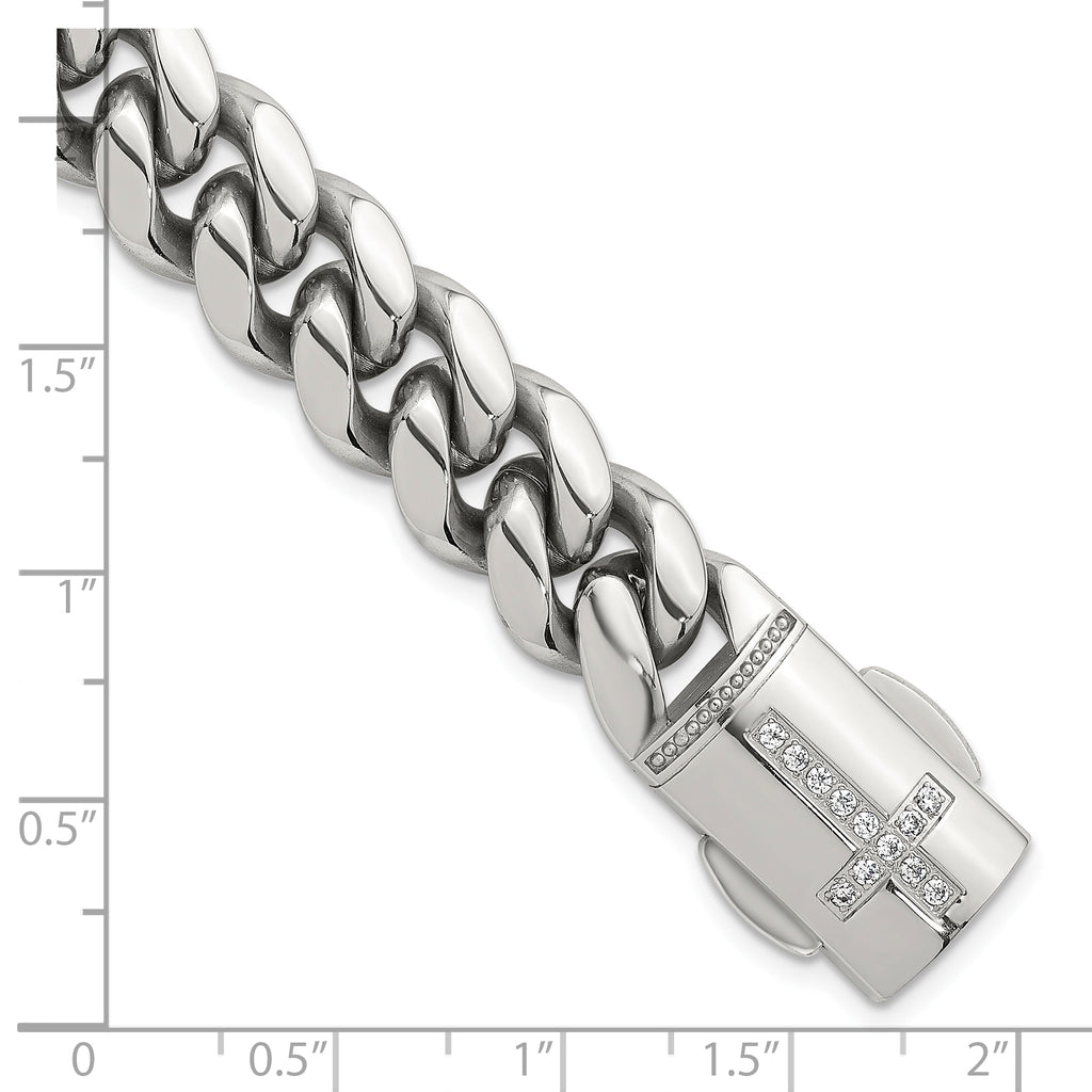 Polished Cubic Zirconia Cross Stainless Steel Curb Chain Bracelet 12mm