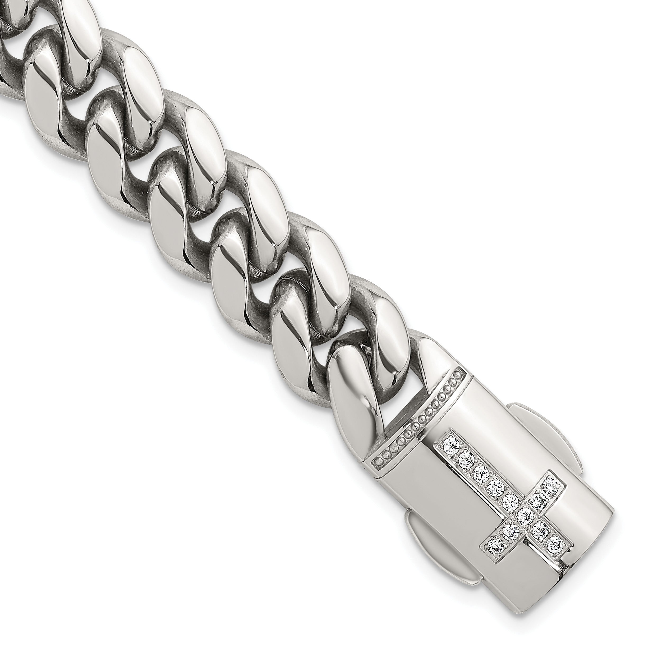 Polished Cubic Zirconia Cross Stainless Steel Curb Chain Bracelet 12mm Main image