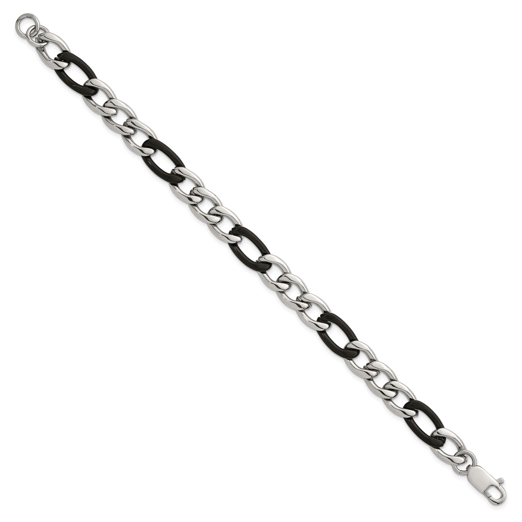 Polished Black Stainless Steel Figaro Chain Bracelet 9.3mm