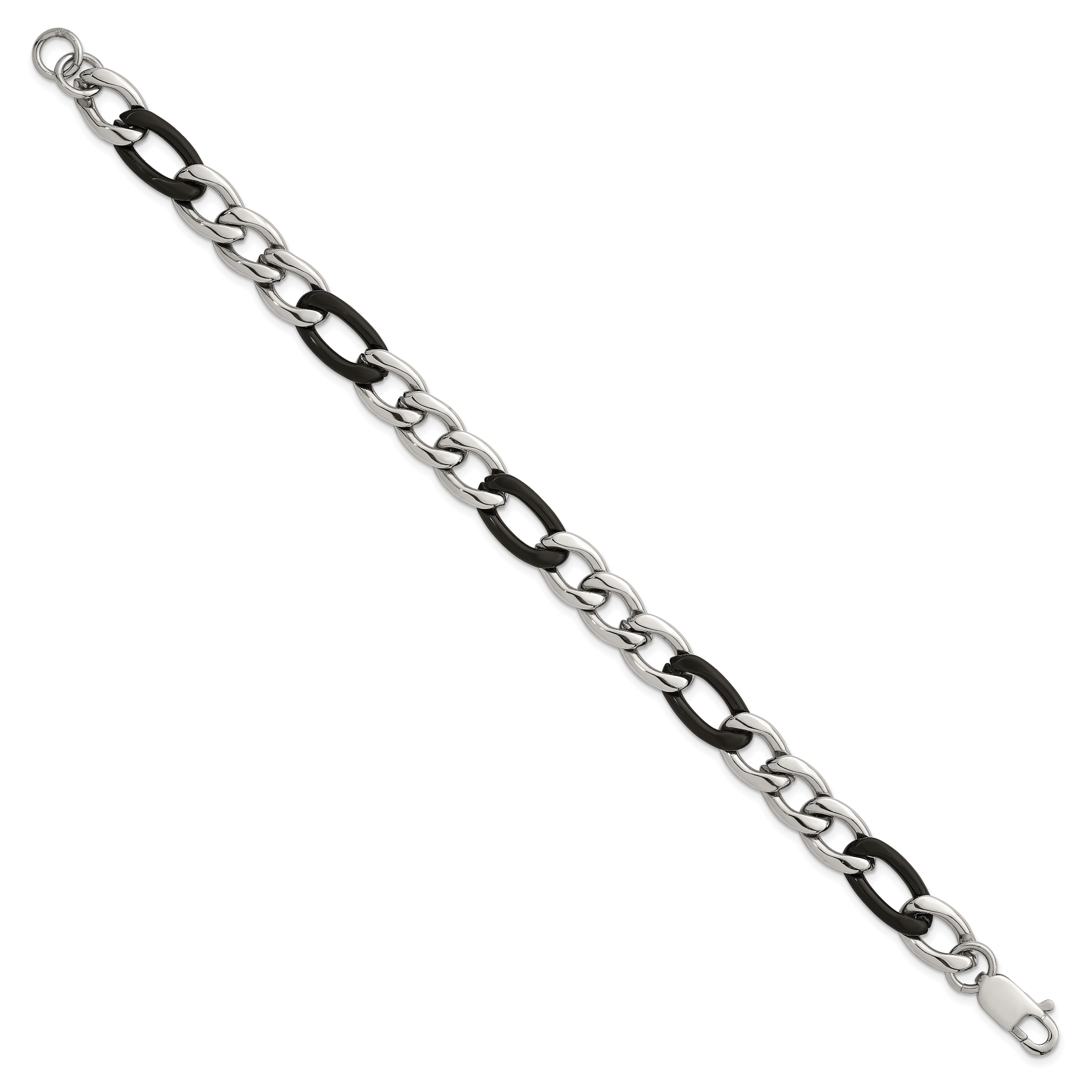 Polished Black Stainless Steel Figaro Chain Bracelet 9.3mm