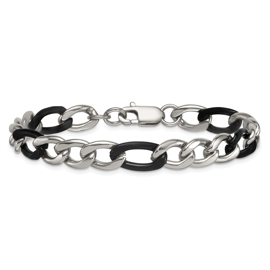 Polished Black Stainless Steel Figaro Chain Bracelet 9.3mm
