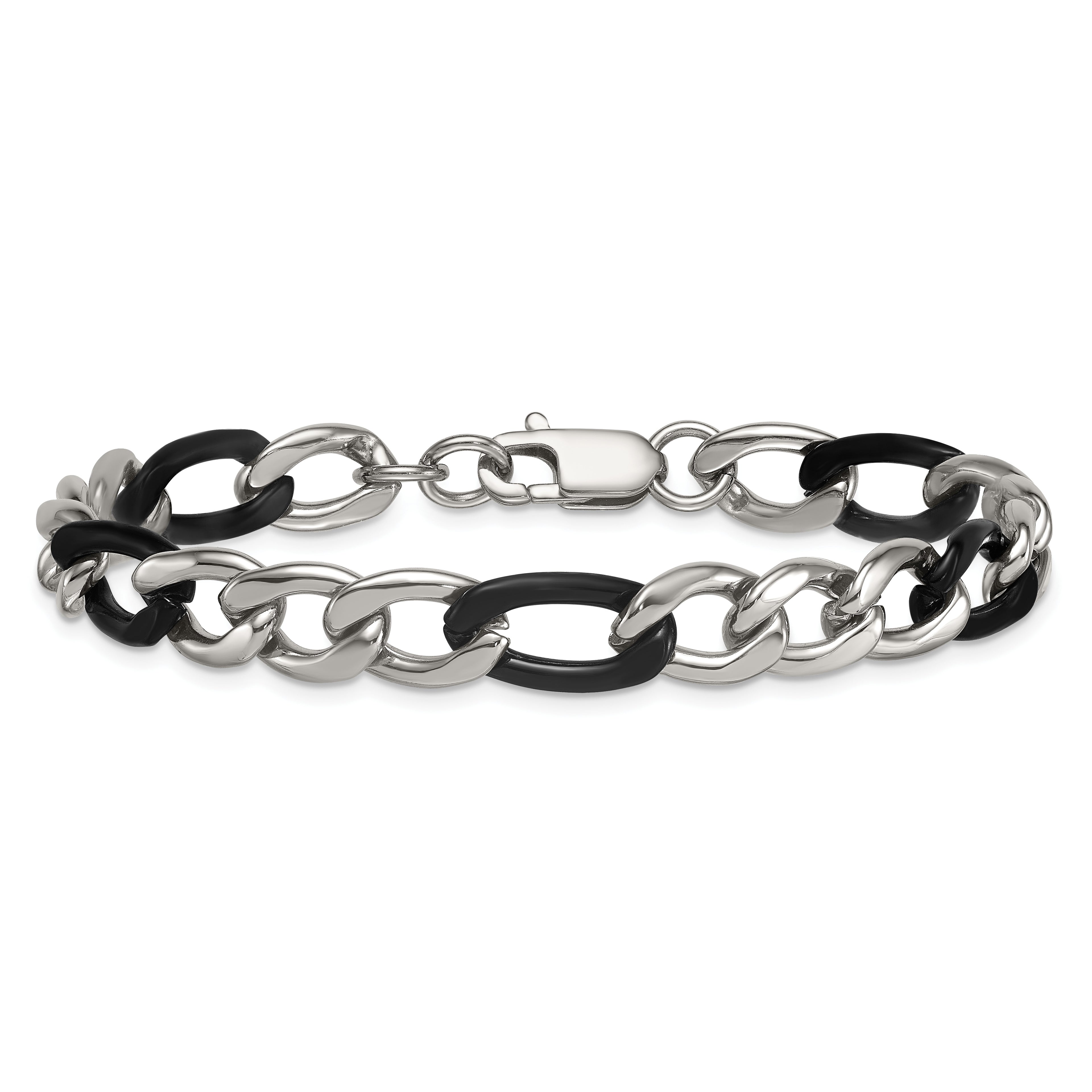 Polished Black Stainless Steel Figaro Chain Bracelet 9.3mm