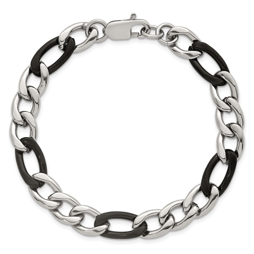 Polished Black Stainless Steel Figaro Chain Bracelet 9.3mm