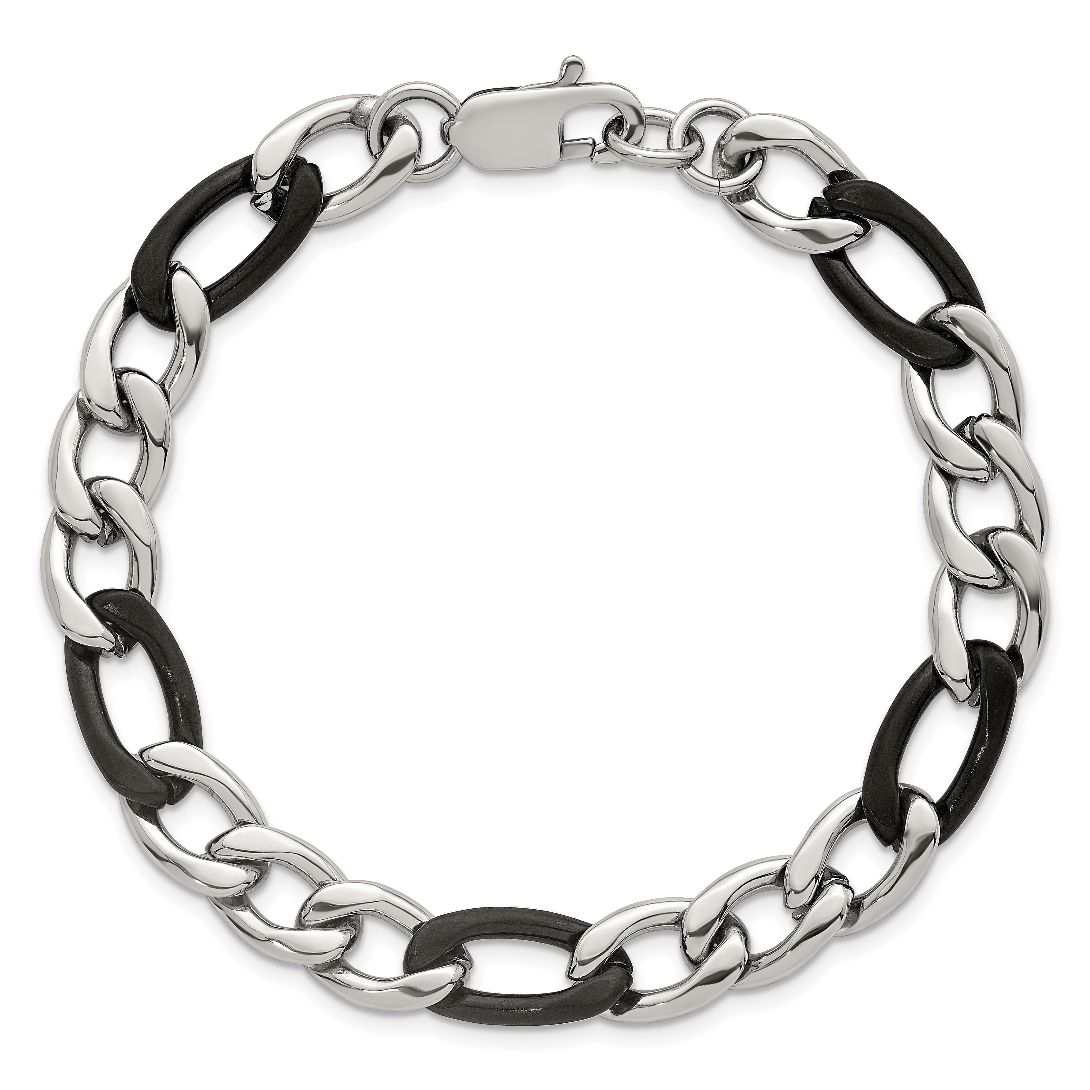 Polished Black Stainless Steel Figaro Chain Bracelet 9.3mm