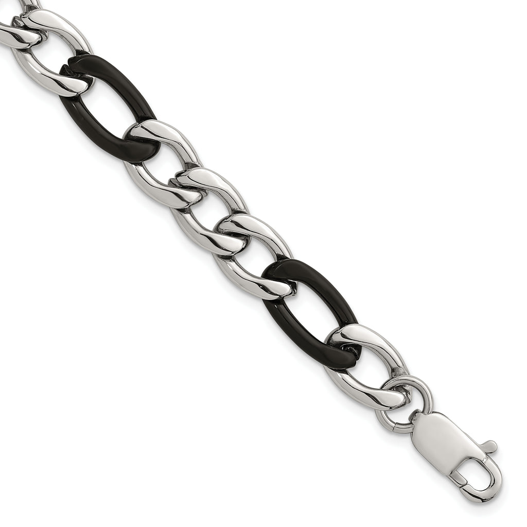 Polished Black Stainless Steel Figaro Chain Bracelet 9.3mm