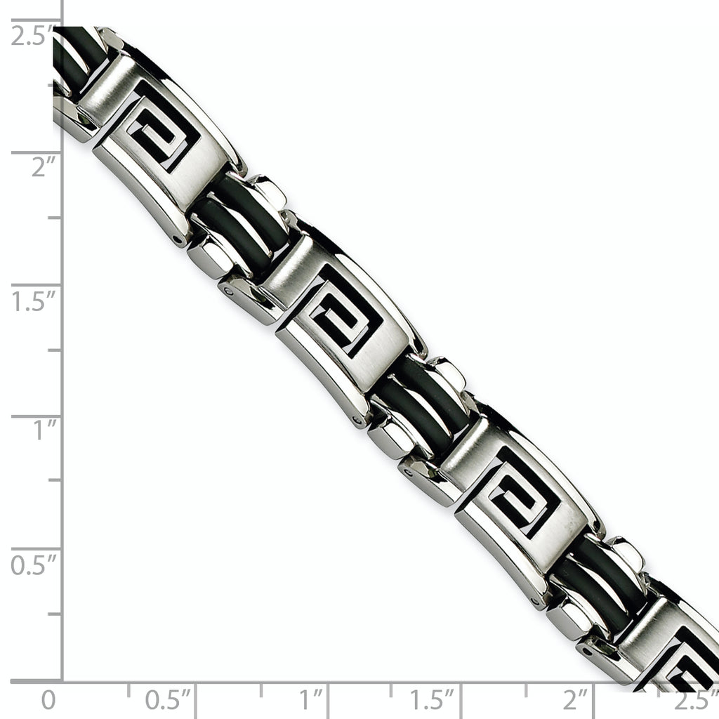 Stainless Steel Brushed and Polished Black Rubber Inlay Greek Key Bracelet for Men