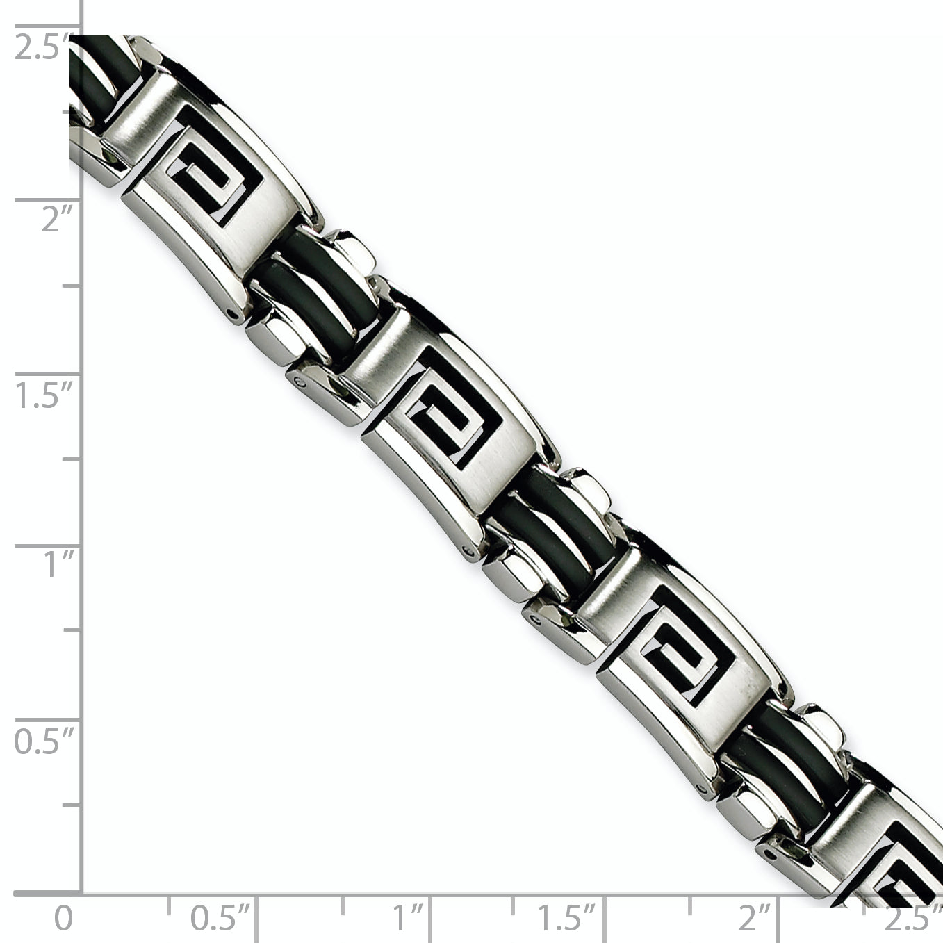 Stainless Steel Brushed and Polished Black Rubber Inlay Greek Key Bracelet for Men
