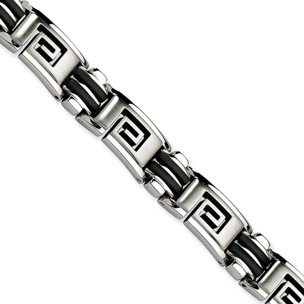 Stainless Steel Brushed and Polished Black Rubber Inlay Greek Key Bracelet for Men