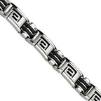 Stainless Steel Brushed and Polished Black Rubber Inlay Greek Key Bracelet for Men