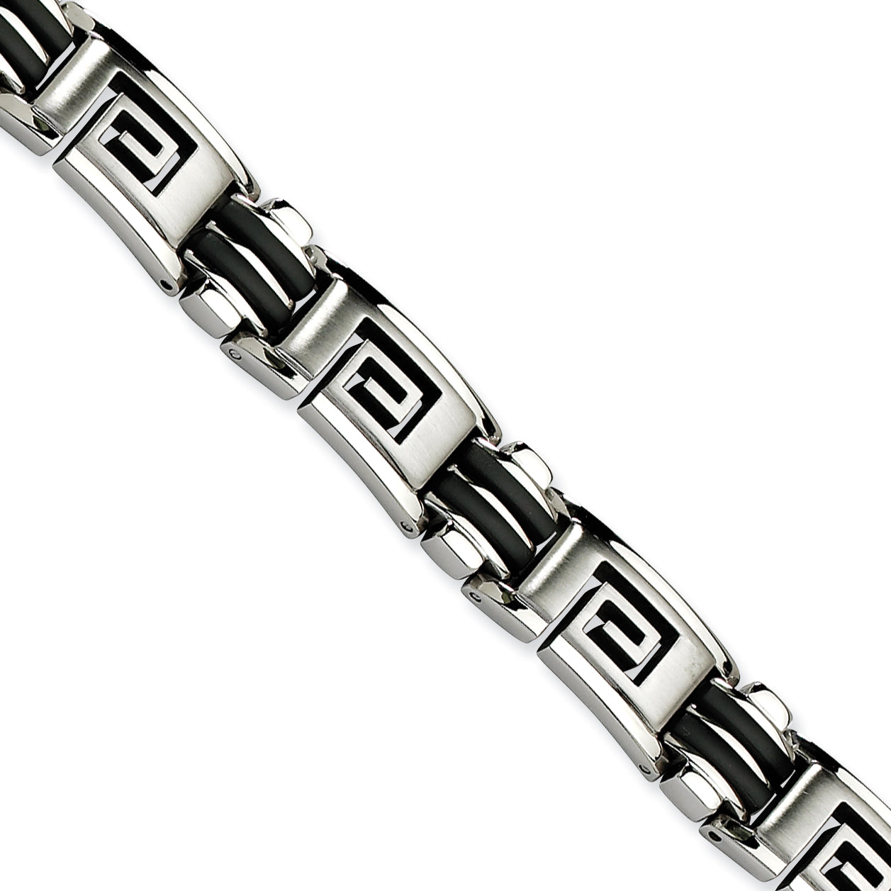 Stainless Steel Brushed and Polished Black Rubber Inlay Greek Key Bracelet for Men