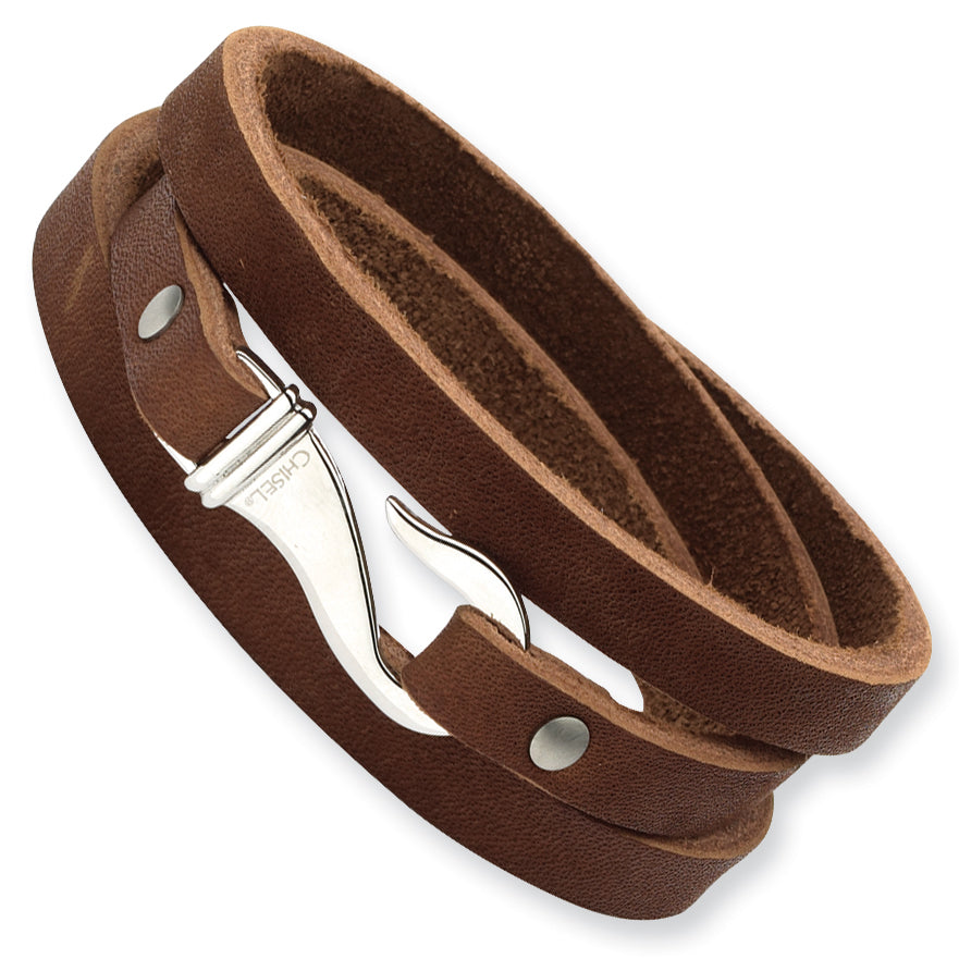 Stainless Steel Polished Brown Leather Wrap Bracelet for Men