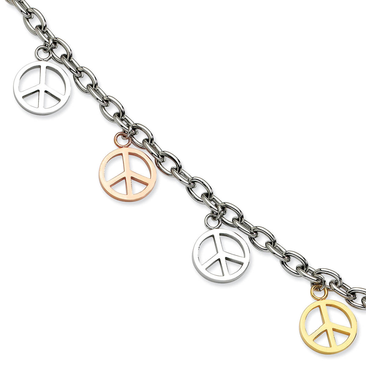 Stainless Steel Polished Rose and Yellow IP-plated Peace Sign Charms Bracelet for Women Main image