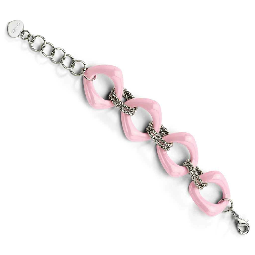 Stainless Steel Polished with Pink Ceramic Open Link Bracelet for Women