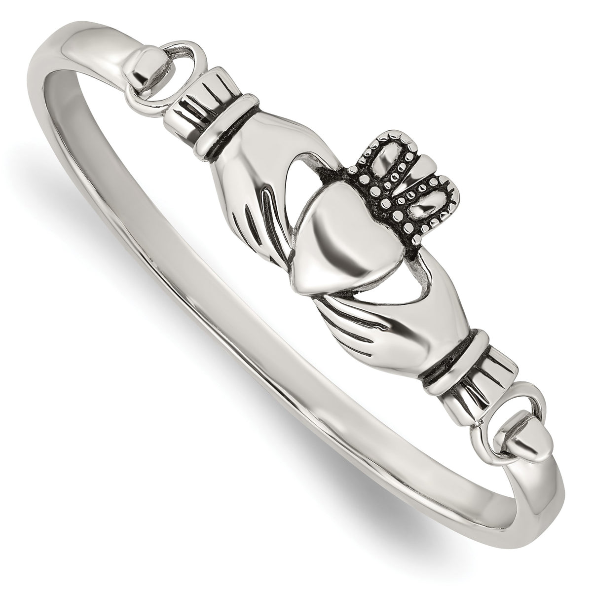 Claddagh Bangle Bracelet in Stainless Steel, 18mm Hinged, 6.8 Inch - Sophia Jewelers