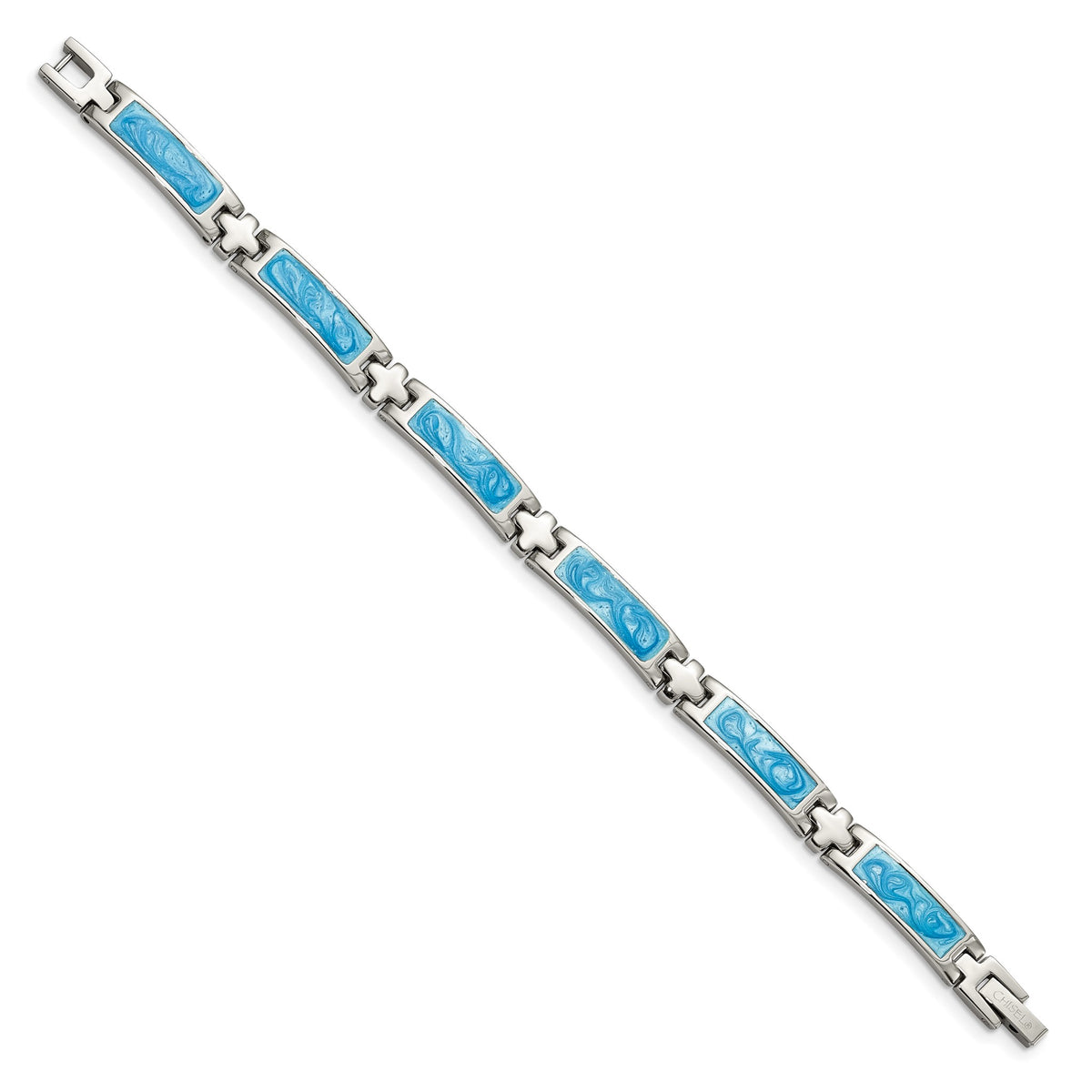 Chisel Blue Swirl Enamel Link Bracelet in Stainless Steel, 6mm, 7.2 Inch - Sophia Jewelers