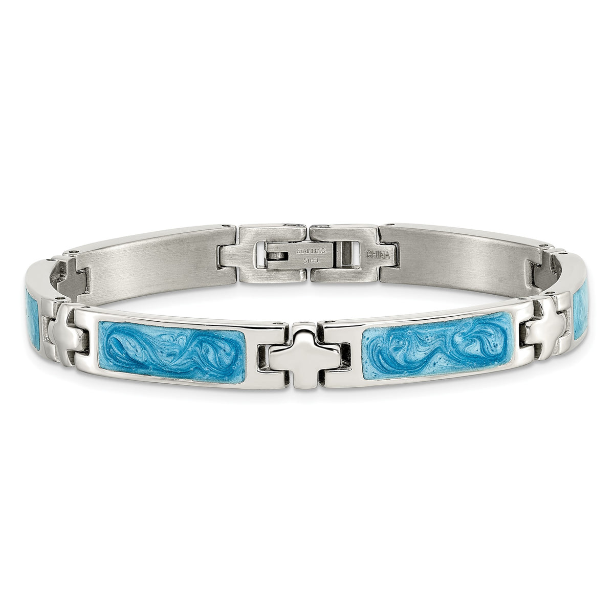 Chisel Blue Swirl Enamel Link Bracelet in Stainless Steel, 6mm, 7.2 Inch - Sophia Jewelers