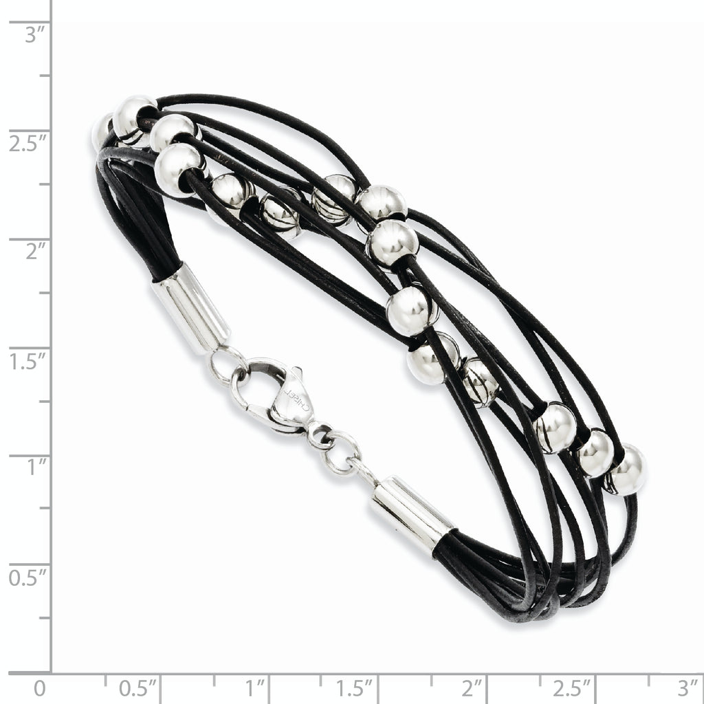 Stainless Steel Polished Beaded Multi-Strand Black Leather Bracelet for Women