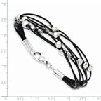 Stainless Steel Polished Beaded Multi-Strand Black Leather Bracelet for Women