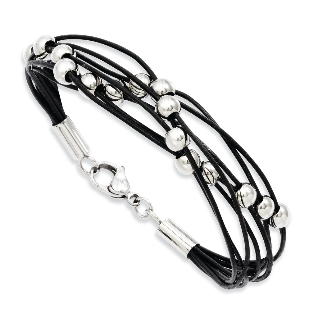Stainless Steel Polished Beaded Multi-Strand Black Leather Bracelet for Women