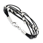 Stainless Steel Polished Beaded Multi-Strand Black Leather Bracelet for Women