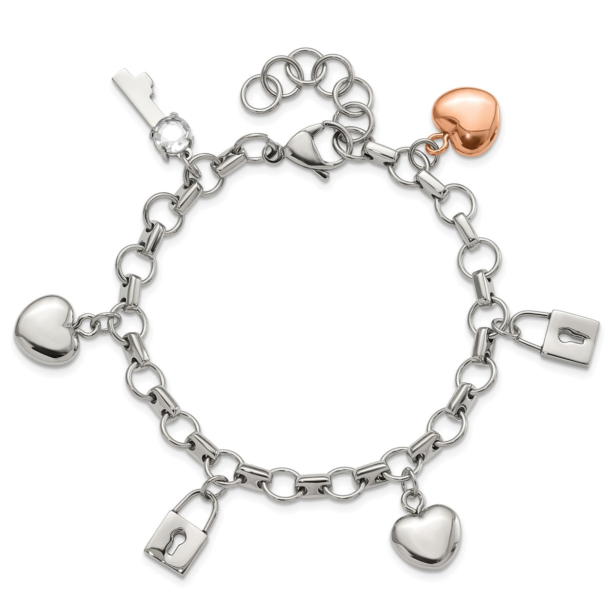 Cubic Zirconia Lock & Key Bracelet in Rose IP-Plated Stainless Steel, 7.5 Inch - Sophia Jewelers