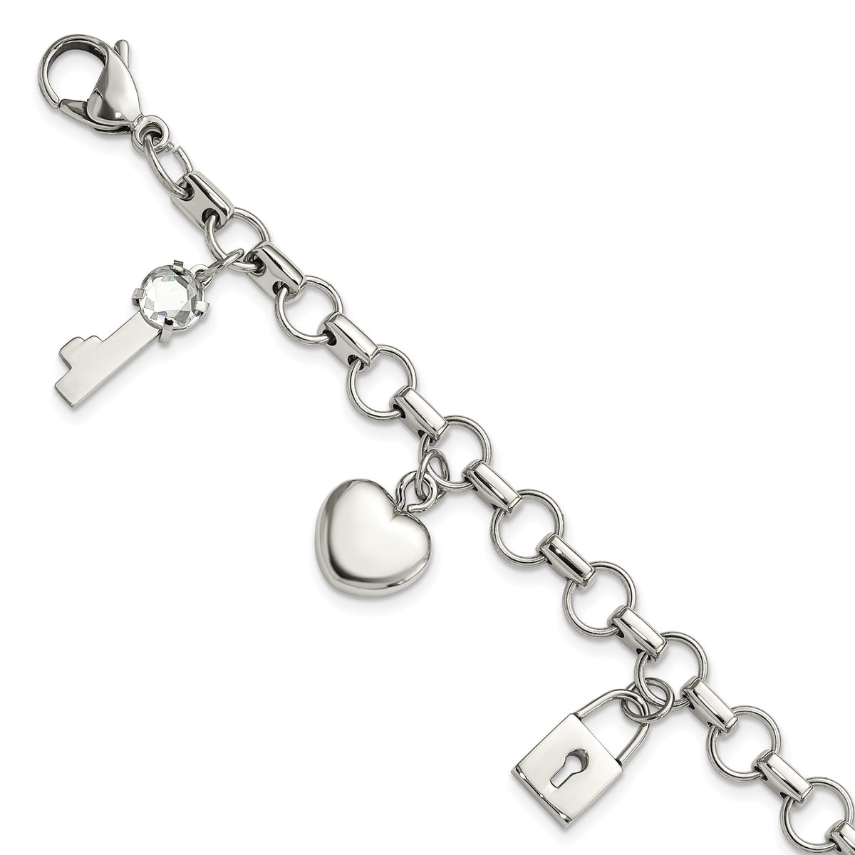 Cubic Zirconia Lock & Key Bracelet in Rose IP-Plated Stainless Steel, 7.5 Inch - Sophia Jewelers