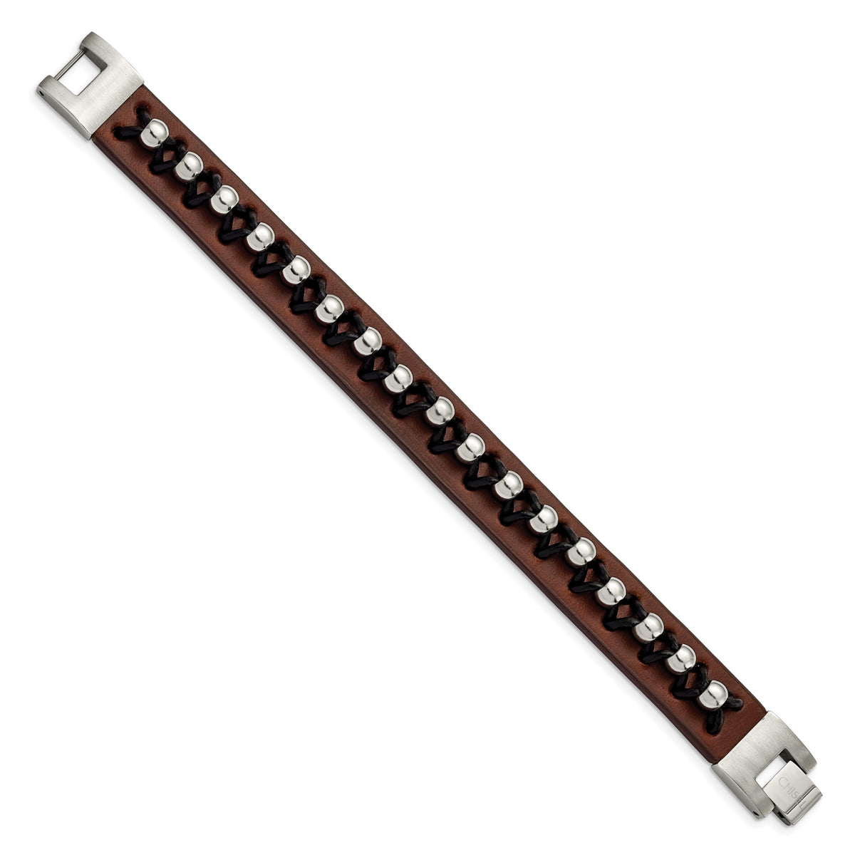 Chisel Men's Brown Leather Beads Bracelet in Stainless Steel, 8.5 Inch - Sophia Jewelers
