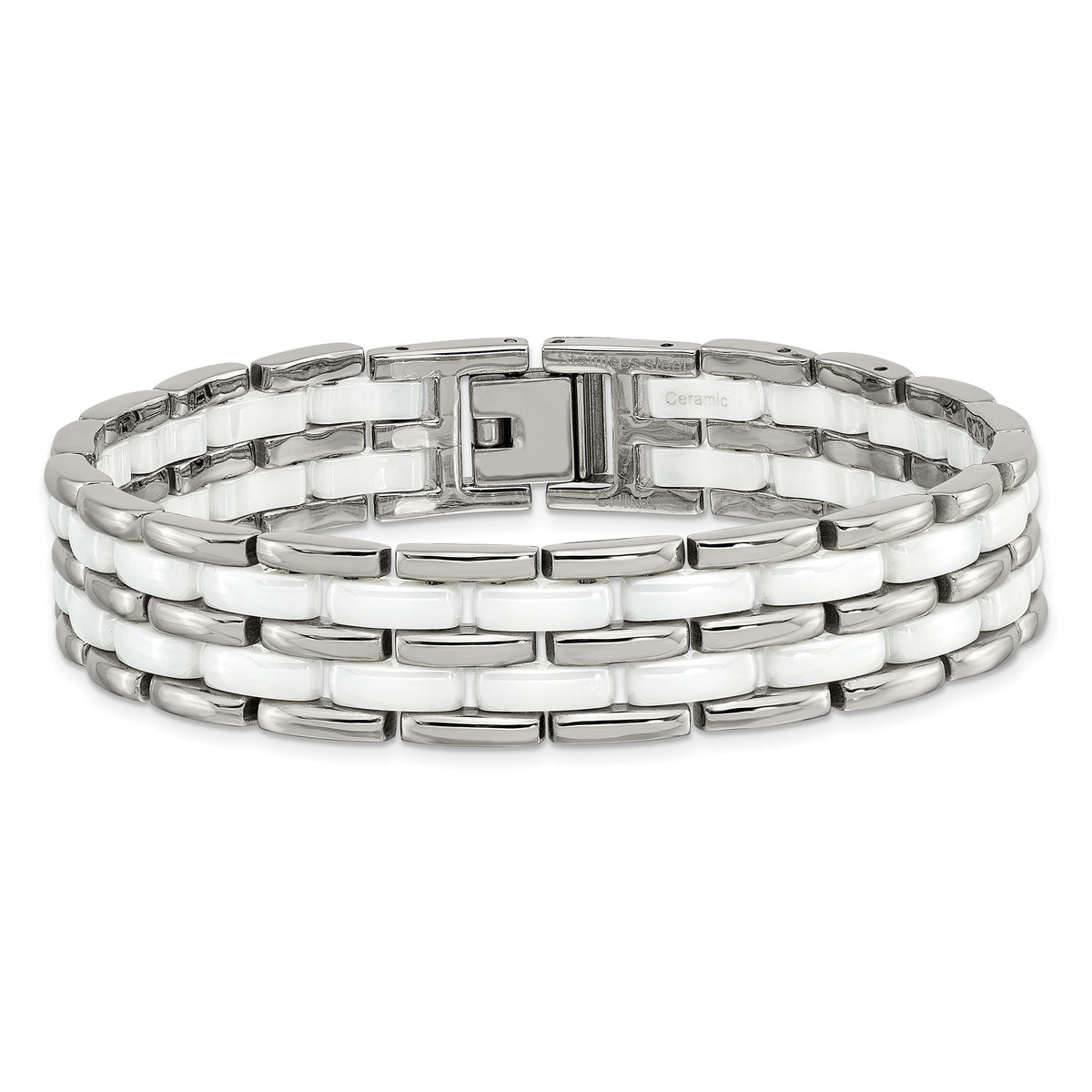 Chisel Row White Ceramic Link Bracelet in Stainless Steel, 12mm, 8.2 Inch - Sophia Jewelers