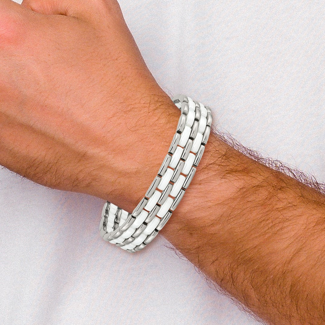 Chisel Row White Ceramic Link Bracelet in Stainless Steel, 12mm, 8.2 Inch - Sophia Jewelers