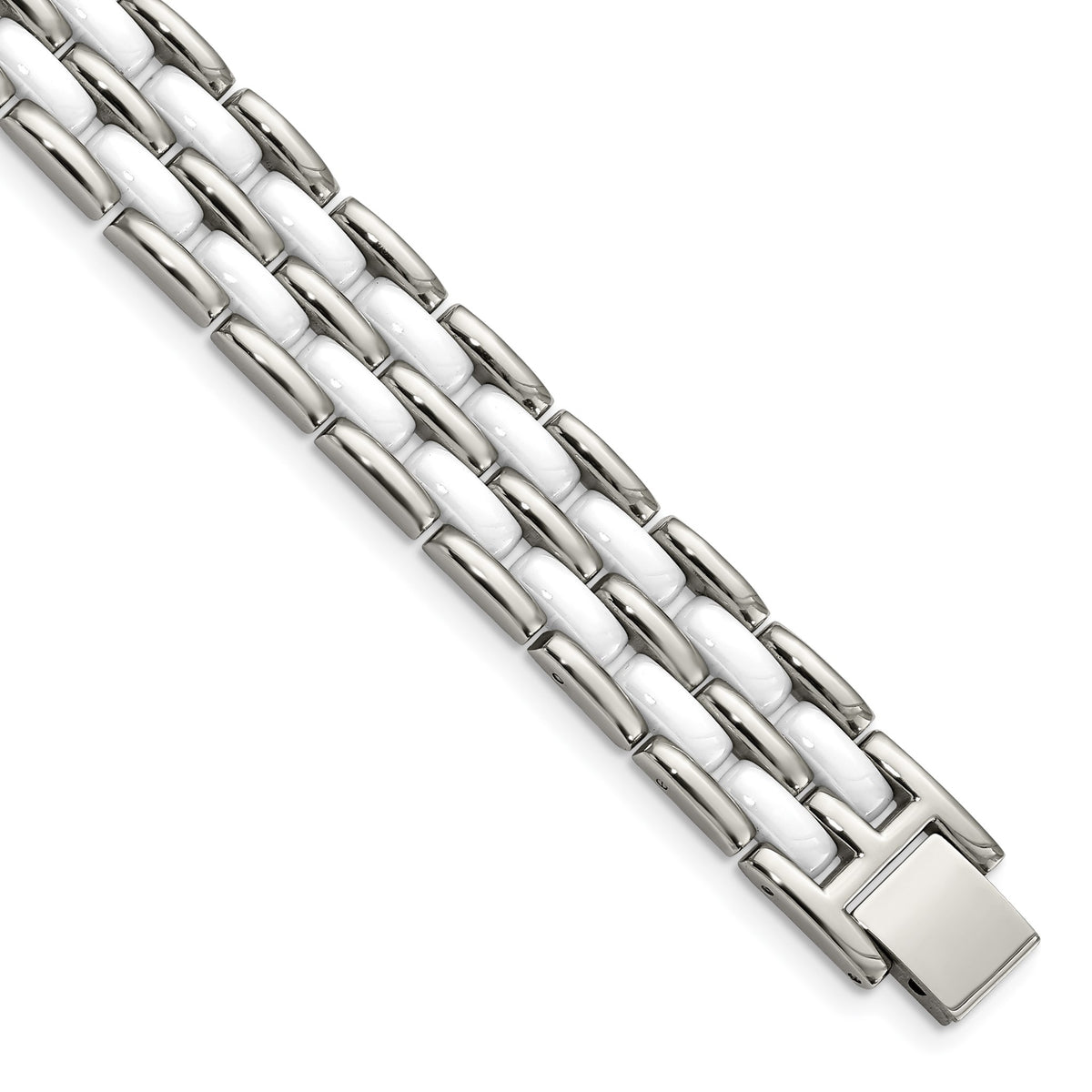 Chisel Row White Ceramic Link Bracelet in Stainless Steel, 12mm, 8.2 Inch - Sophia Jewelers