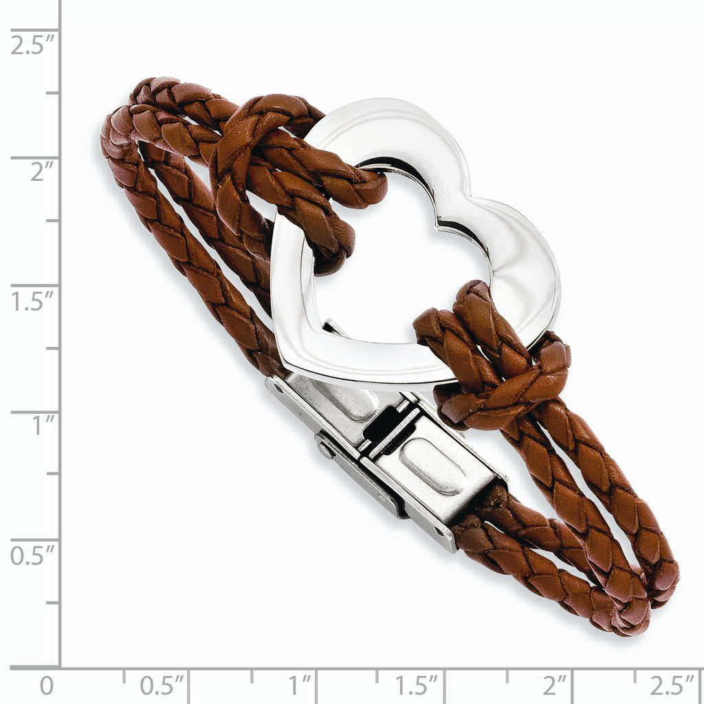Heart Brown Braided Leather Bracelet in Stainless Steel, 7mm, 7.5 Inch