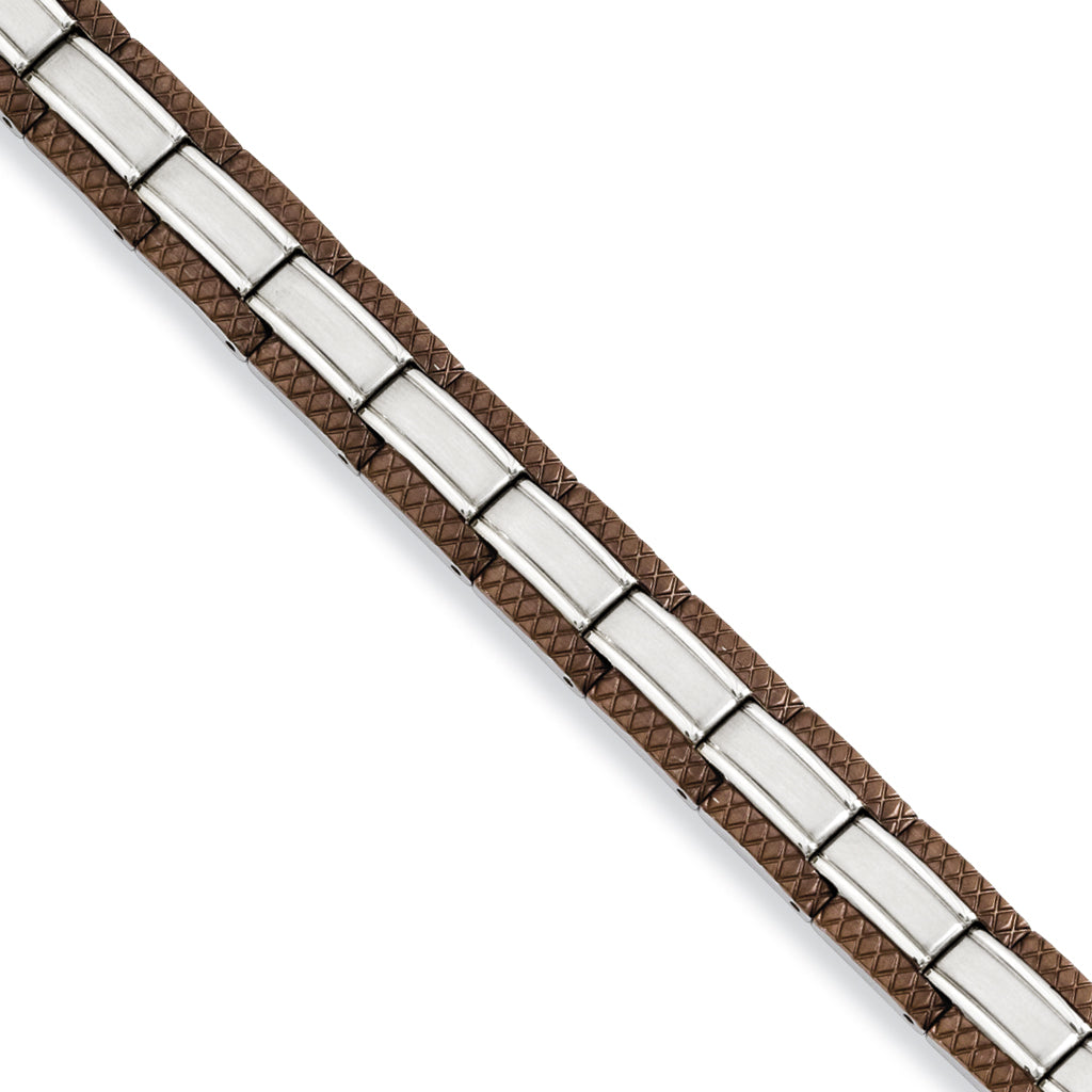 Stainless Steel Brushed with Textured Brown IP-plated Edges Link Bracelet for Men