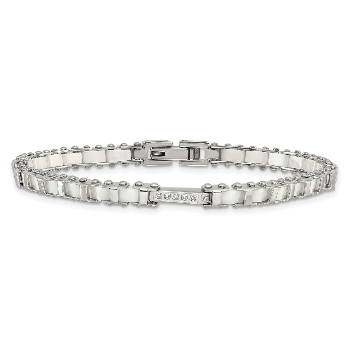 Cubic Zirconia & White Ceramic Link Bracelet in Stainless Steel, 4.8mm, 7.5 Inch - Sophia Jewelers