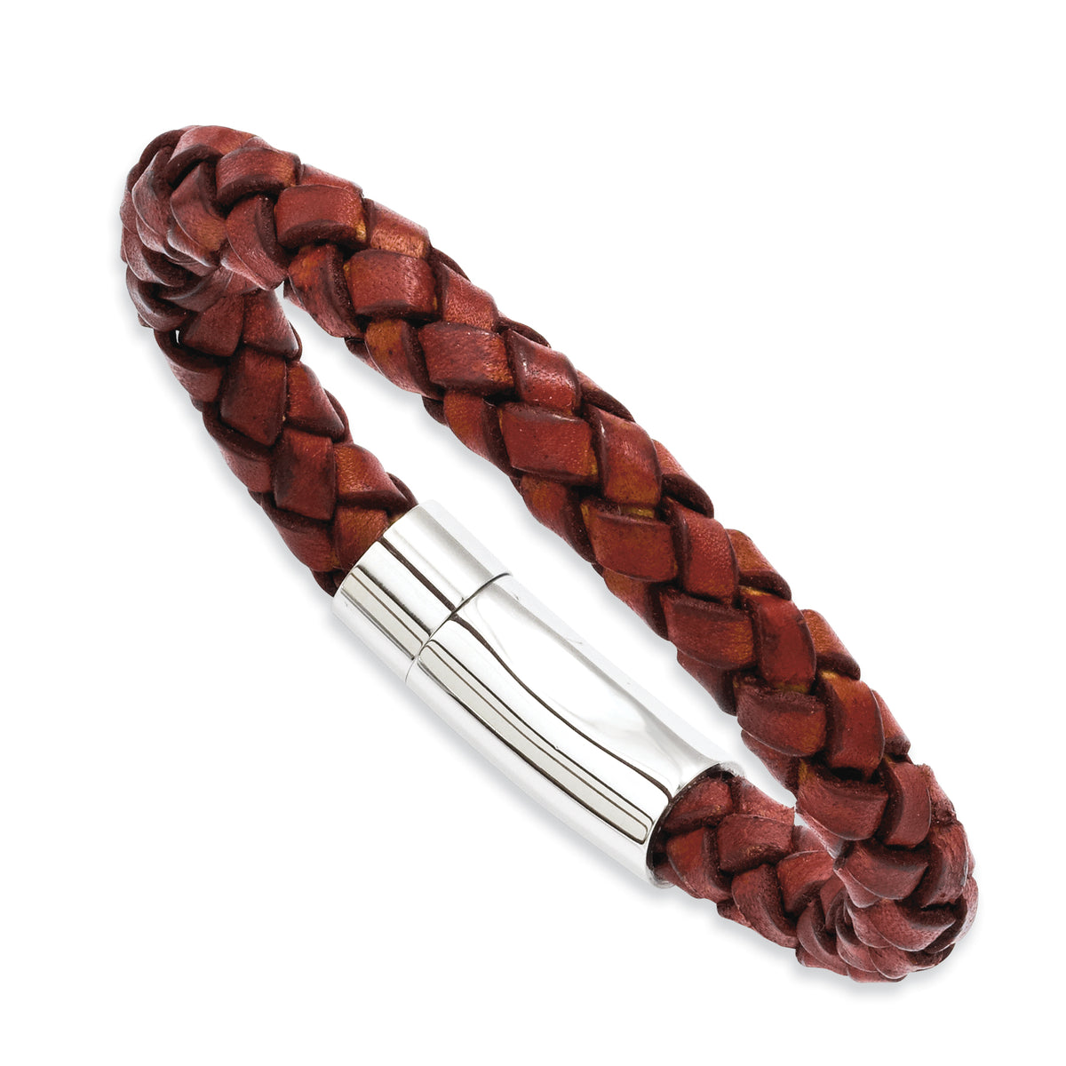 Stainless Steel Polished Brown Braided Leather Bracelet for Men Main image