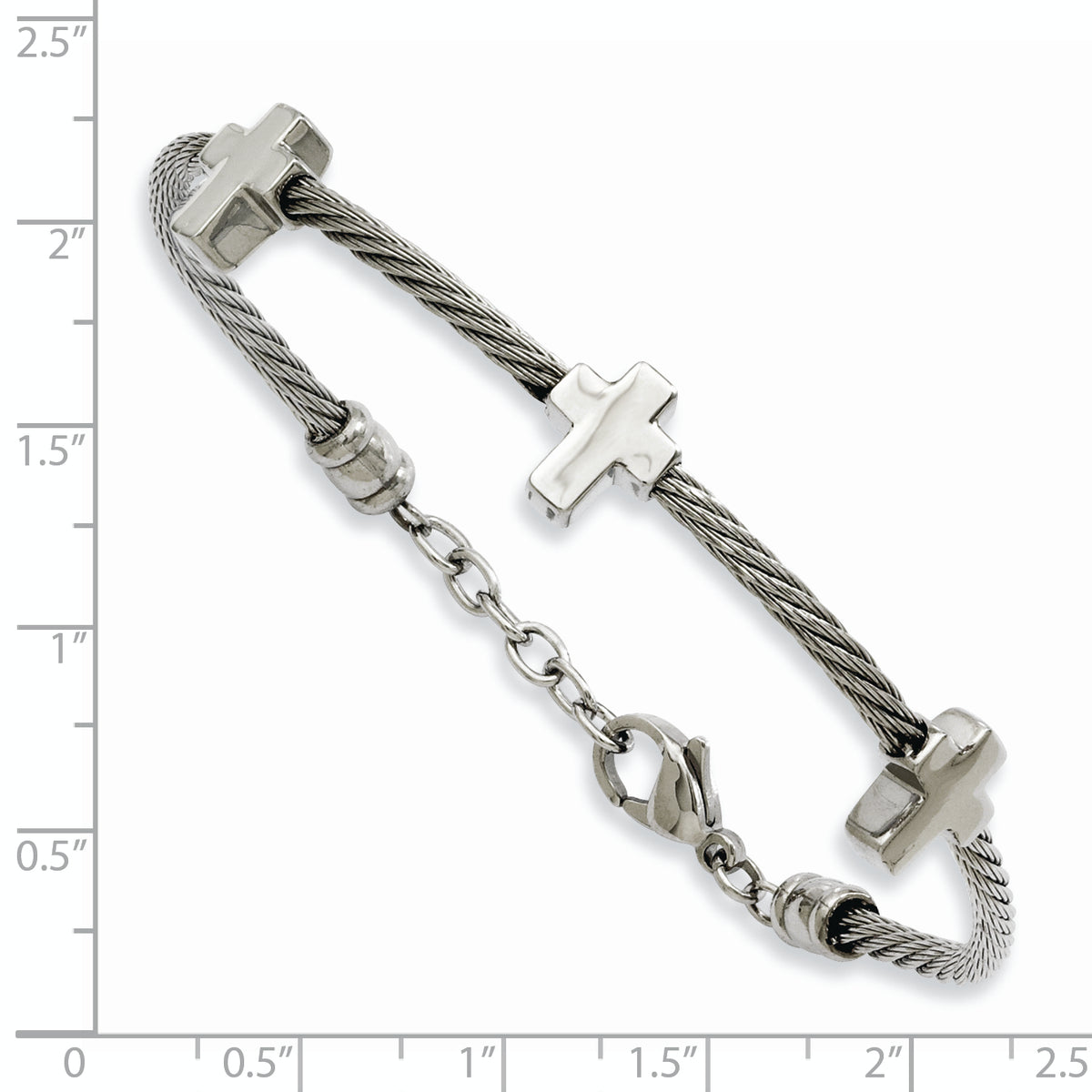 Crosses on Twisted Wire Bracelet in Stainless Steel, 10mm, 7.5 Inch