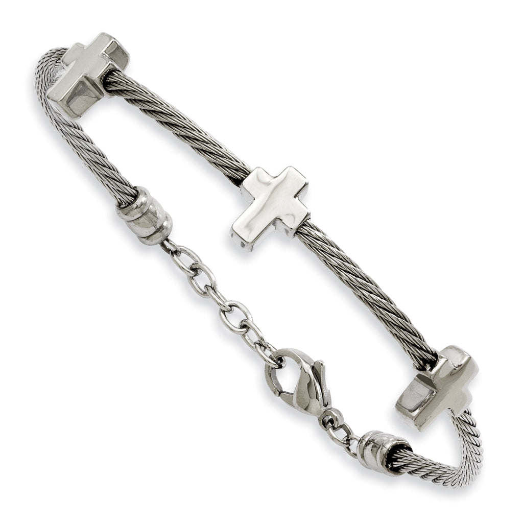 Crosses on Twisted Wire Bracelet in Stainless Steel, 10mm, 7.5 Inch